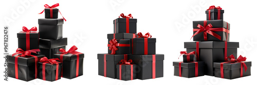 Set of isolated pile of black gift boxes with red ribbon on a transparent background for Black Friday sales or celebration events. Front view. photo