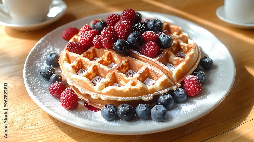 A cozy café setting with a Sunday brunch spread of waffles, berries, and coffee on a wooden table, warm sunlight casting soft shadows, A cozy café setting with a Sunday brunch spread of waffles, berries, and coffee on a wooden table, warm sunlight casting soft shadows,