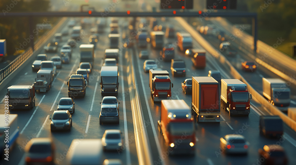 Obraz premium Lots of Trucks and cars on a Highway transportation Trucks on Highway and Wind Turbines photo of truck on highway road and factory in background, Generative AI