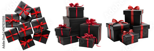 Set of isolated pile of black gift boxes with red ribbon on a transparent background for Black Friday sales or celebration events. Front and top view.