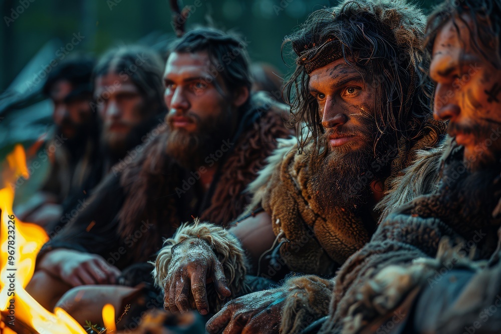 Group of Neanderthals gathers near a warm fire, engaging in social ...