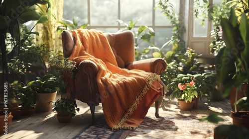 Vintage Armchair Wrapped in Pumpkin Hued Blanket Surrounded by Lush Potted Plants in Warm Botanical Inspired Space