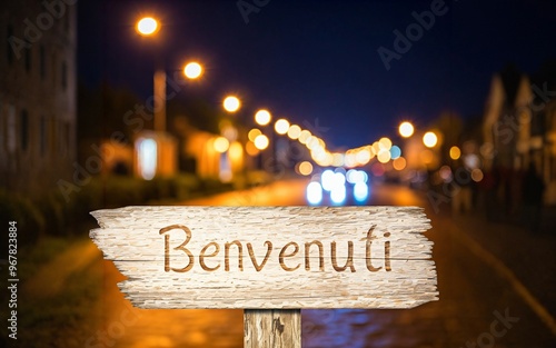 Cartello di benvenuto nella cittadina illuminata di notte photo