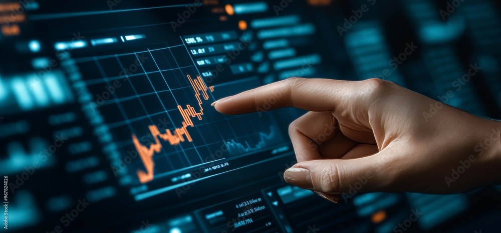 Obraz premium Businessperson's hand pointing at upward-trending graph on digital screen