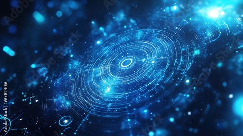 Close-up of blue tech interface with cosmic symbols and a blurred celestial background