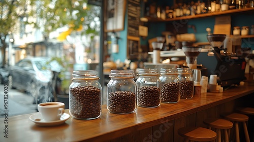 A cozy coffee shop bar with a row of steaming espresso cups lined up, glass jars filled with coffee beans on the counter, bar stools neatly tucked in, soft ambient lighting,