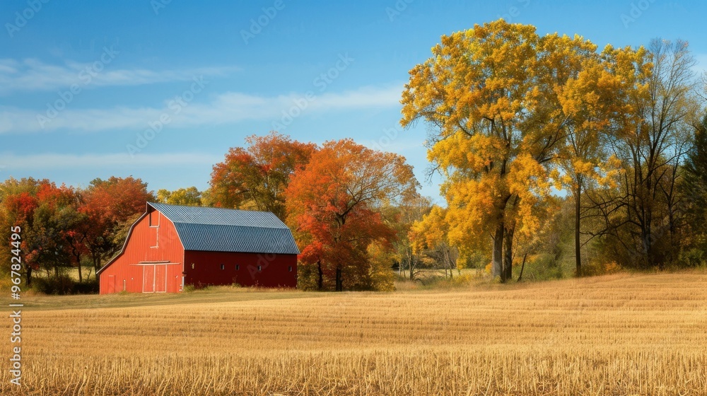 A red barn stands in a field of golden wheat, surrounded by trees with vibrant autumn foliage under a blue sky. A red barn stands in a field of golden wheat, surrounded by trees with vibrant autumn foliage under a blue sky.