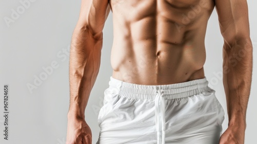 Slim man with six pack and white shorts on white background. shot of the model waist. Slim body with cellulite or healthy, fit, muscular, underwear, guy, attractive