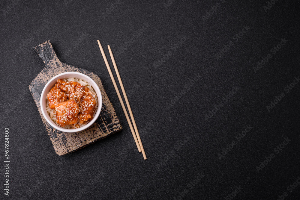 Fototapeta premium Asian food boiled rice with meat with sweet and sour sauce, spices and herbs