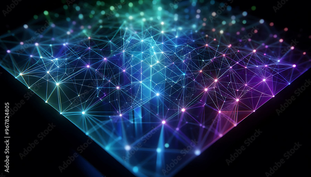 Abstract geometric design featuring a network of illuminated translucent lines forming interconnected shapes. The vibrant hues of blue purple and green create a dynamic glow against a dark background Abstract geometric design featuring a network of illuminated translucent lines forming interconnected shapes. The vibrant hues of blue purple and green create a dynamic glow against a dark background