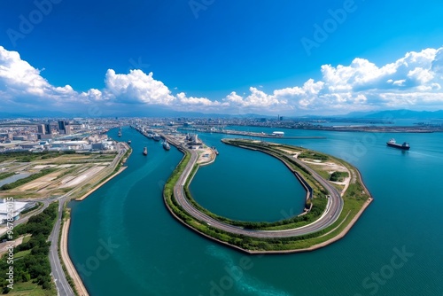 Aerial view of Osaka Bay, where the industrial side of the city meets the vastness of the sea, with ships coming in and out of port photo