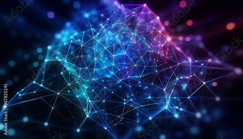 Abstract geometric design featuring a network of illuminated translucent lines forming interconnected shapes. The vibrant hues of blue purple and green create a dynamic glow against a dark background