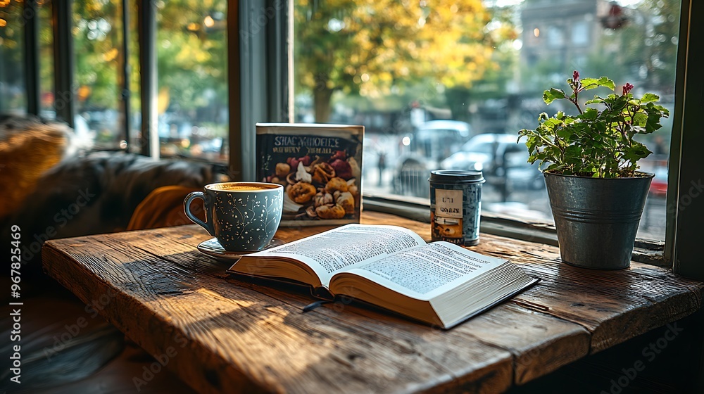 Fototapeta premium A cozy reading corner in a café, an open book and a cup of coffee on a rustic wooden table, soft sunlight streaming through the window, creating a warm,