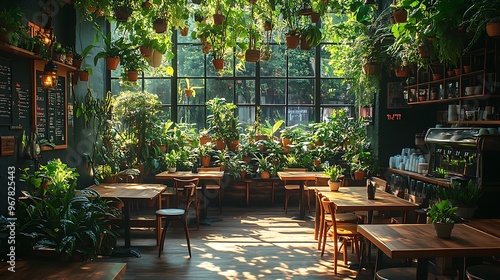 A cozy indoor café with lush green plants in every corner, hanging vines above, wooden tables bathed in soft sunlight, the gentle light creating a serene,