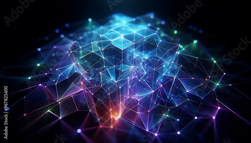 Abstract geometric design featuring a network of illuminated translucent lines forming interconnected shapes. The vibrant hues of blue purple and green create a dynamic glow against a dark background