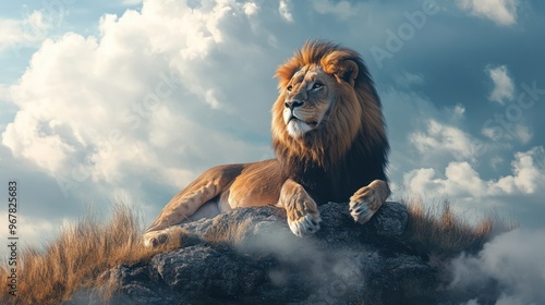 Strong and confident lion on a hill