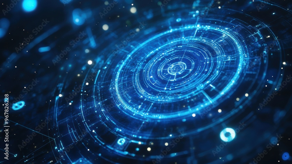 Close-up view of blue tech hologram with cosmic symbols and a bokeh background Close-up view of blue tech hologram with cosmic symbols and a bokeh background