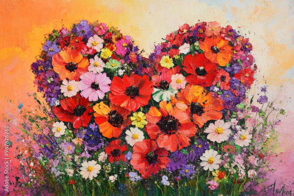 A vibrant heart-shaped flower garden with blooming poppies, daisies, and roses in bright colors, creating a dynamic and lively composition. A vibrant heart-shaped flower garden with blooming poppies, daisies, and roses in bright colors, creating a dynamic and lively composition.