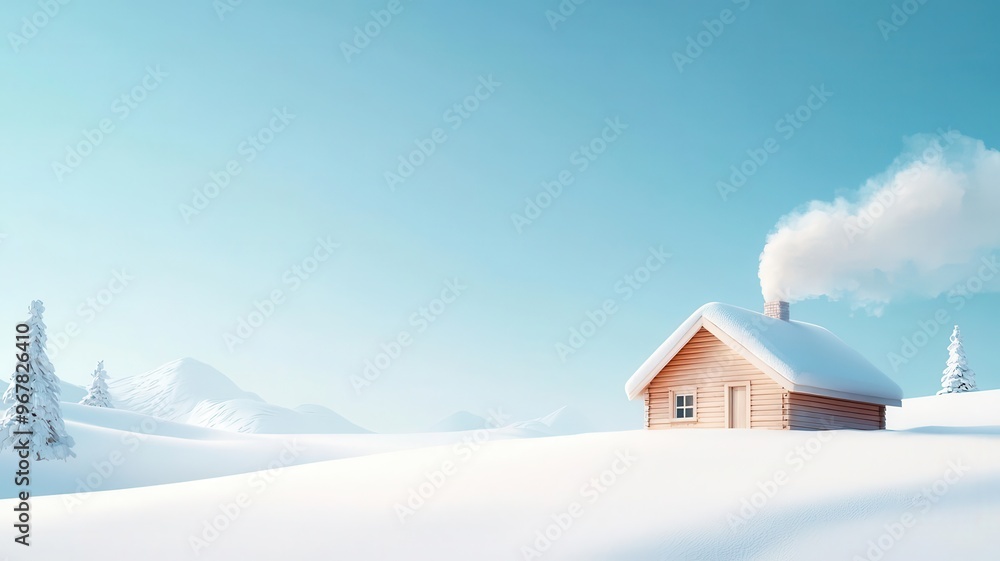 Naklejka premium Winter cabin, with smoke rising from the chimney, 3D illustration, copy space for text,
