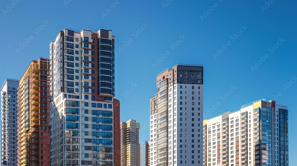 Modern skyscrapers against a clear blue sky with a vibrant urban setting showcasing architectural diversity Modern skyscrapers against a clear blue sky with a vibrant urban setting showcasing architectural diversity