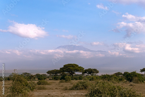 Beautiful sunset in amboseli national park watching kilimanjaro, the biggest mountain in africa. Views from kenya side. Beautiful colors from savanna