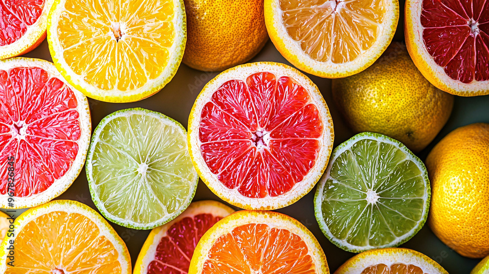 Fototapeta premium Assorted citrus fruits sliced in half, displaying vibrant colors and juicy textures. Perfect for fresh, natural, and healthy food concepts.