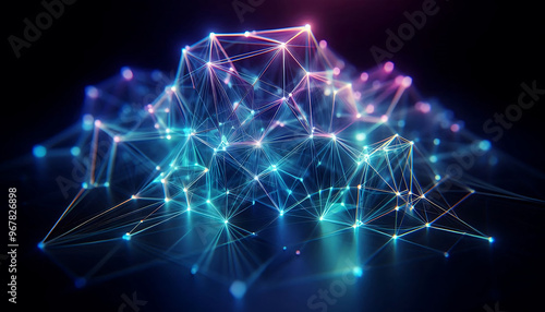 Abstract geometric design featuring a network of illuminated translucent lines forming interconnected shapes. The vibrant hues of blue purple and green create a dynamic glow against a dark background