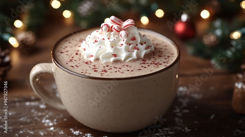 A festive café setting with a cup of hot chocolate topped with whipped cream and peppermint candy, soft holiday lighting and garlands in the background,