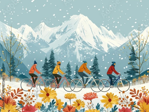 Flat illustration of people riding bicycles, with a mountain background featuring trees and flowers, in a vector flat style. The illustrations have a simple, minimalistic design with a light green col photo