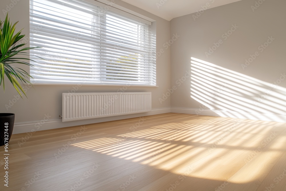 Classic white oil-painted metal radiator in English home with wooden floor and plants Classic white oil-painted metal radiator in English home with wooden floor and plants