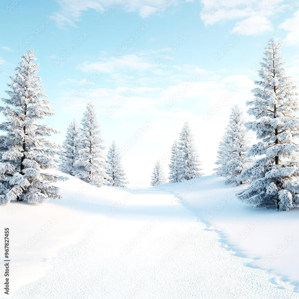 Winter trail, with fresh snow and tall trees, 3D illustration, copy space for text, Winter trail, with fresh snow and tall trees, 3D illustration, copy space for text,