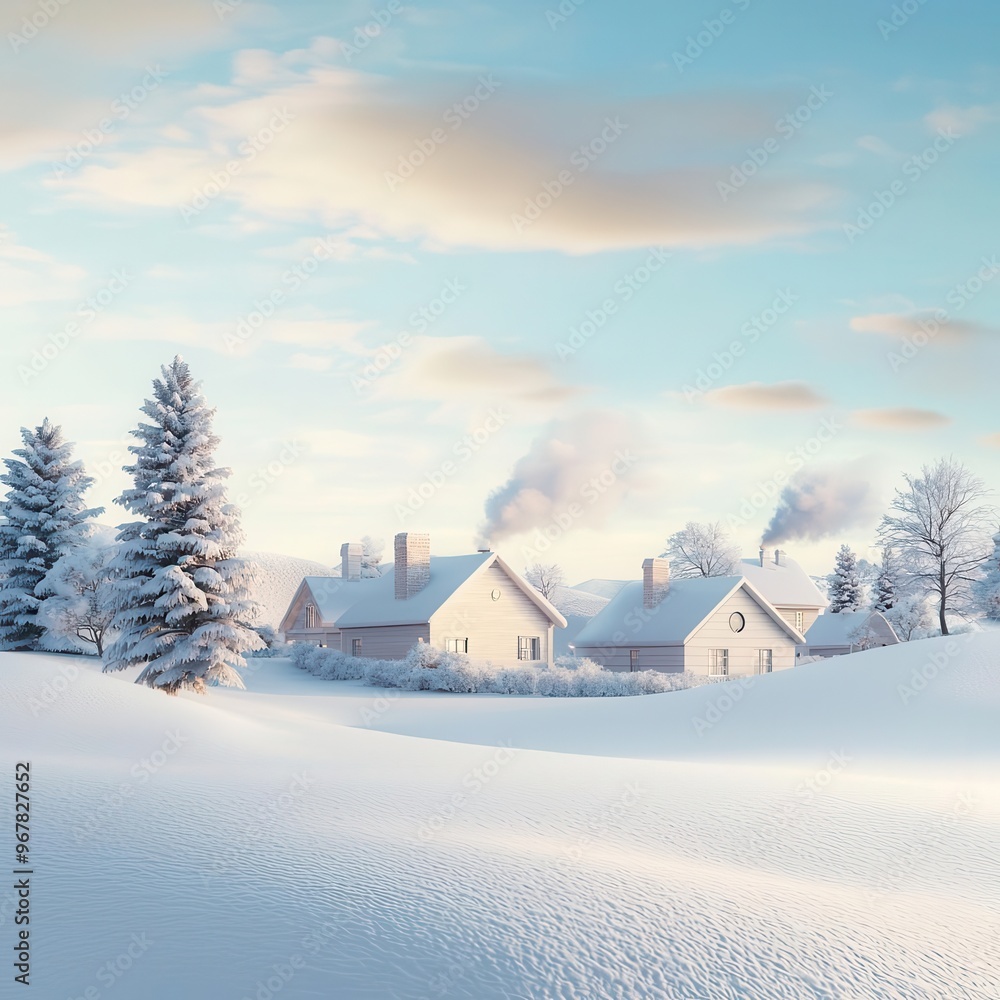 Winter village scene, with smoke from chimneys, 3D illustration, copy space for text, Winter village scene, with smoke from chimneys, 3D illustration, copy space for text,