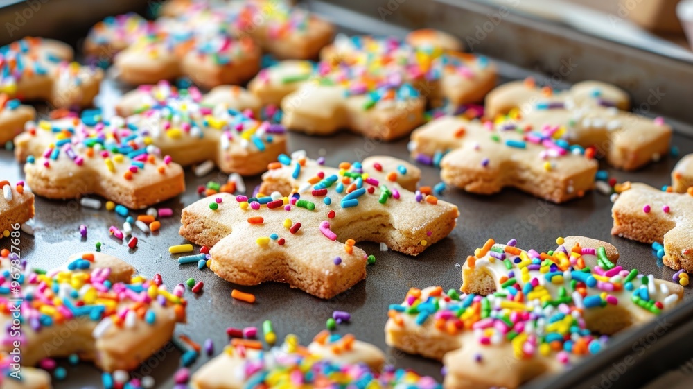 Delicious puzzle-shaped cookies topped with vibrant sprinkles, arranged on a baking tray, Delicious puzzle-shaped cookies topped with vibrant sprinkles, arranged on a baking tray,