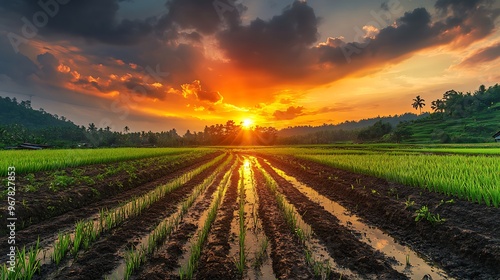 Golden Sunset Over Rice Paddies