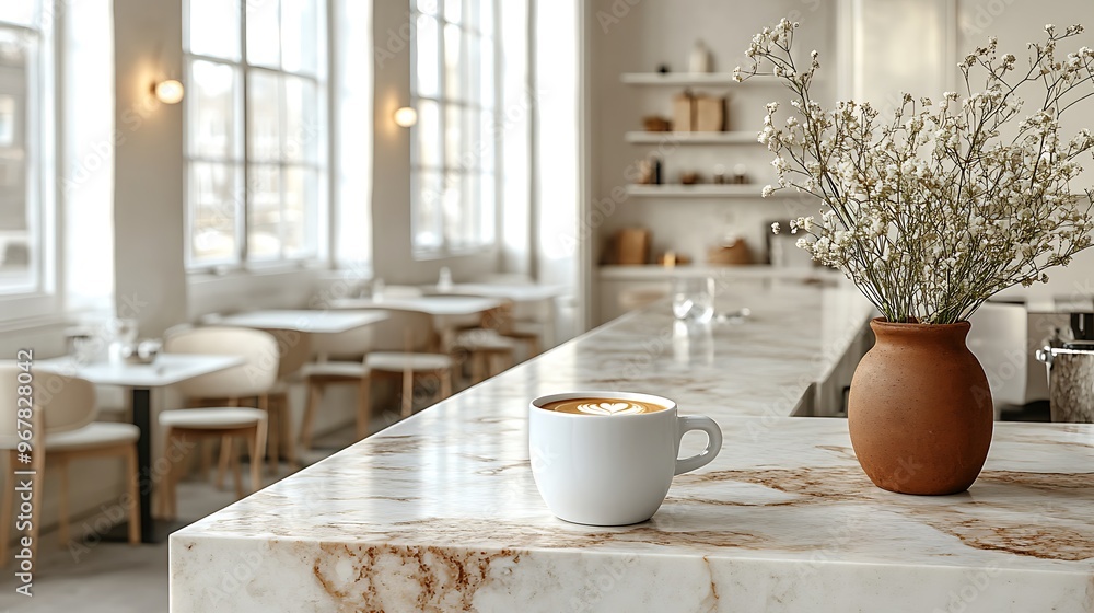 Fototapeta premium A minimalist café featuring a sleek marble counter with a perfectly placed coffee cup, soft natural light coming through tall windows,