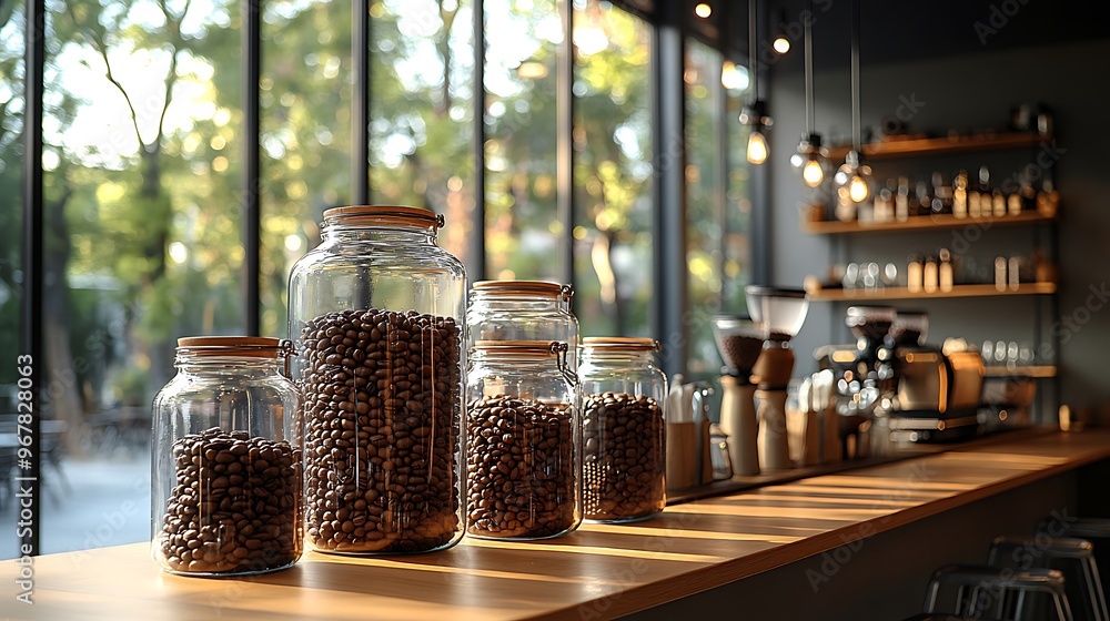 A minimalist coffee shop bar with clean lines, glass jars of coffee beans on display, espresso cups steaming on the counter, metal bar stools tucked in, soft light creating a warm, A minimalist coffee shop bar with clean lines, glass jars of coffee beans on display, espresso cups steaming on the counter, metal bar stools tucked in, soft light creating a warm,