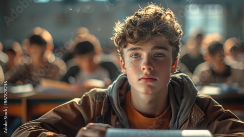 A young male student focused in a classroom setting, surrounded by classmates, capturing the essence of learning and concentration. photo