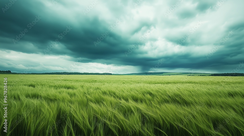 Fototapeta premium A minimalistic landscape featuring green fields beneath a stormy sky with dark clouds and a tornado forming in the distance