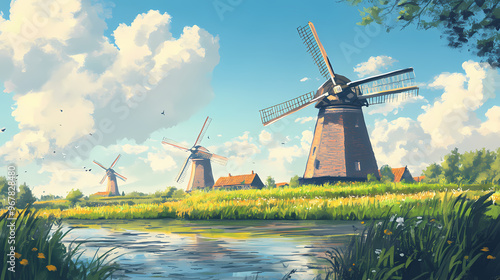 A serene countryside landscape, dotted with quaint windmills spinning lazily in the breeze, a reminder of simpler times intertwined with modern innovation. Windmill. Illustration photo