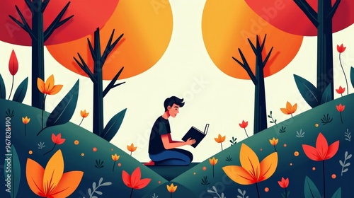 Colorful Abstract Artwork Depicting Person Engaged In Reading Surrounded By Artistic Trees And Flowers Symbolizing Creative Growth