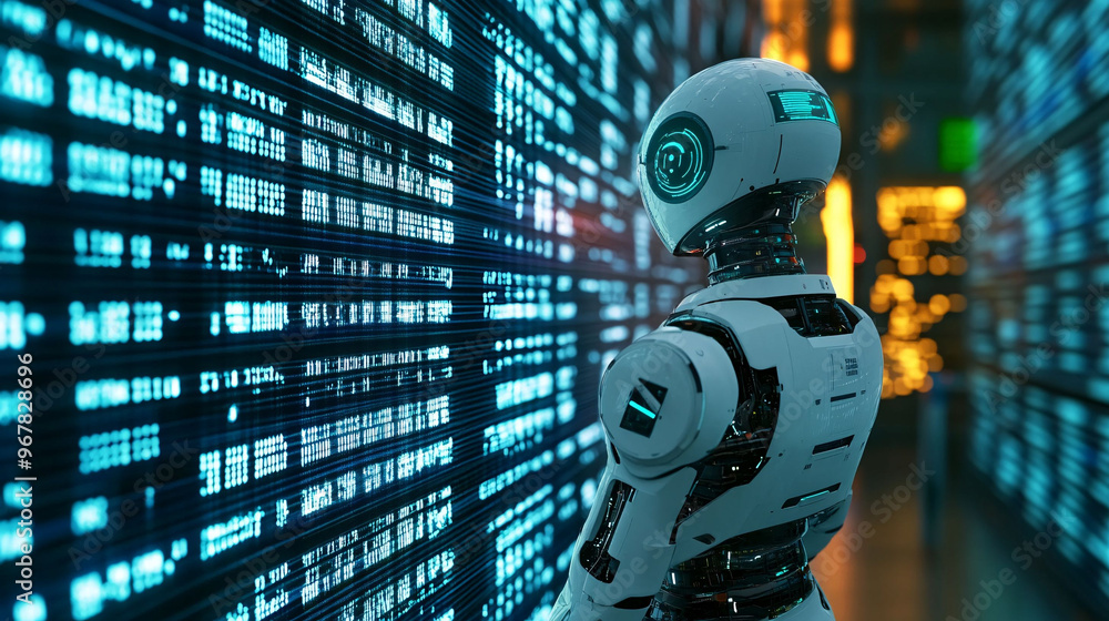 Fototapeta premium Futuristic robot analyzing digital data in a server room. Artificial intelligence and big data technology concept.