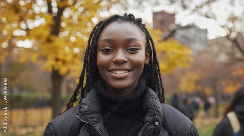 A woman with dreadlocks is smiling in a park A woman with dreadlocks is smiling in a park