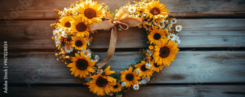 A whimsical heart-shaped wreath made of sunflowers and daisies, tied with a rustic ribbon, set against a wooden background with soft sunlight. photo