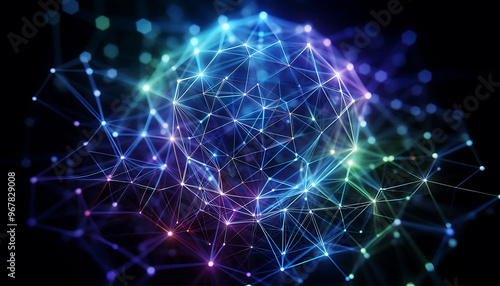 Abstract geometric design featuring a network of illuminated translucent lines forming interconnected shapes. The vibrant hues of blue purple and green create a dynamic glow against a dark background
