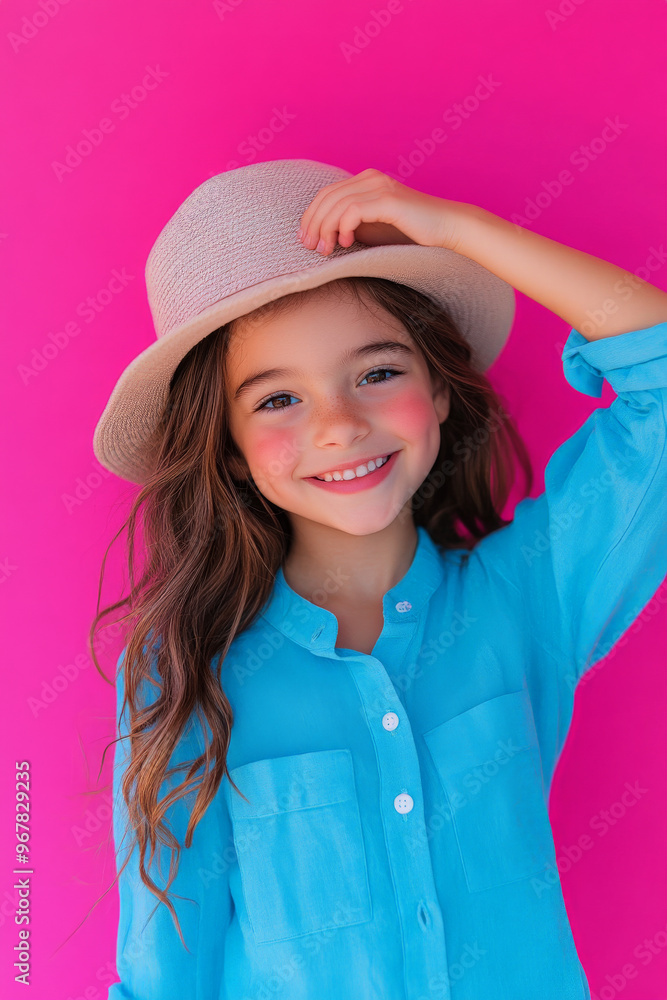 Adorable girl, dressed in chic blue clothes, arm raised to her head, smiling sweetly, isolated on a bright pink background. Adorable girl, dressed in chic blue clothes, arm raised to her head, smiling sweetly, isolated on a bright pink background.