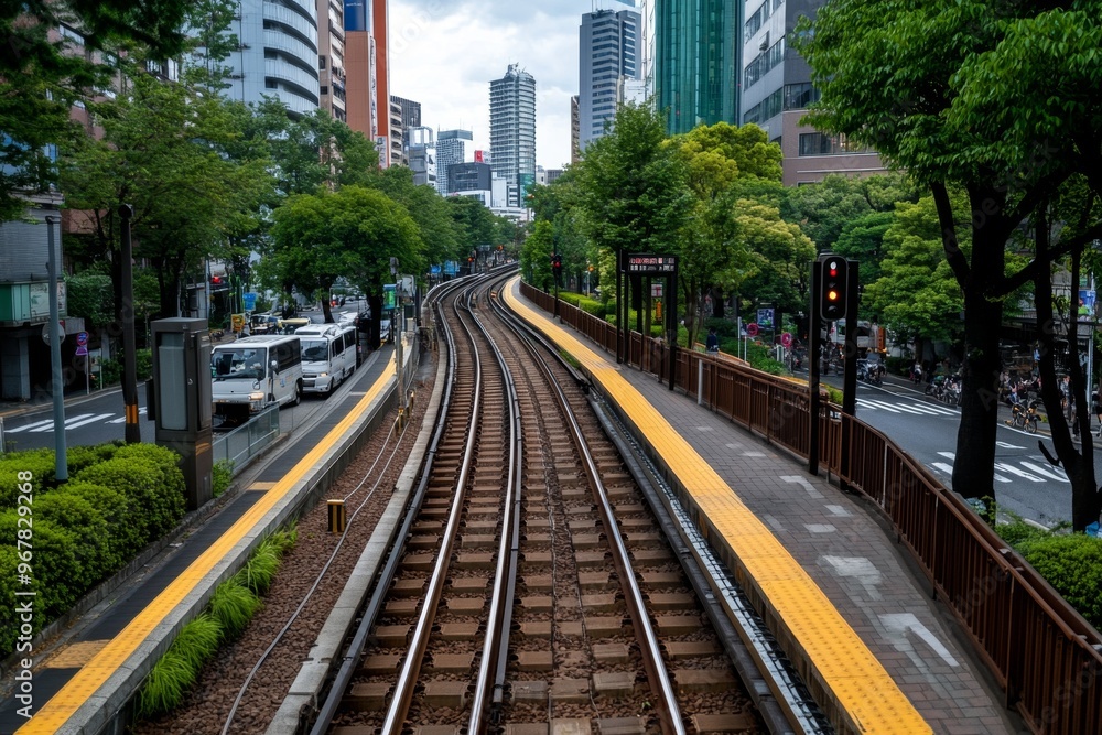 Fototapeta premium Osaka cityscape from the Hankyu train, capturing the hustle of commuters and the industrial charm of the urban railways