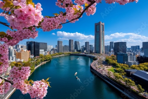 Osaka cityscape during cherry blossom season, as the trees bloom pink near Osaka Castle, adding a natural beauty to the urban landscape