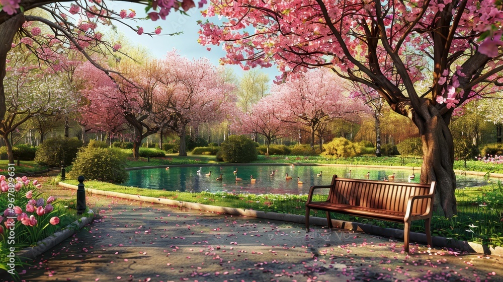 A serene park scene with a bench beneath blossoming cherry trees and a pond in the background. A serene park scene with a bench beneath blossoming cherry trees and a pond in the background.