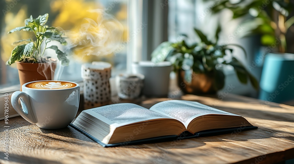 A peaceful coffee shop setting with an open book and a steaming cup of coffee on a wooden table, soft natural light pouring in through a nearby window, A peaceful coffee shop setting with an open book and a steaming cup of coffee on a wooden table, soft natural light pouring in through a nearby window,