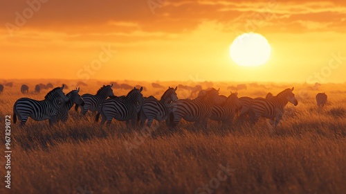 Zebras at Sunset in African Savanna